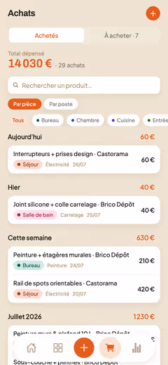 Liste des achats dans Briquera : chaque ligne porte l'enseigne, la pièce, le poste, la date et le montant.
