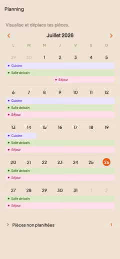 Calendrier du chantier dans Briquera : échéances des pièces positionnées dans le mois.